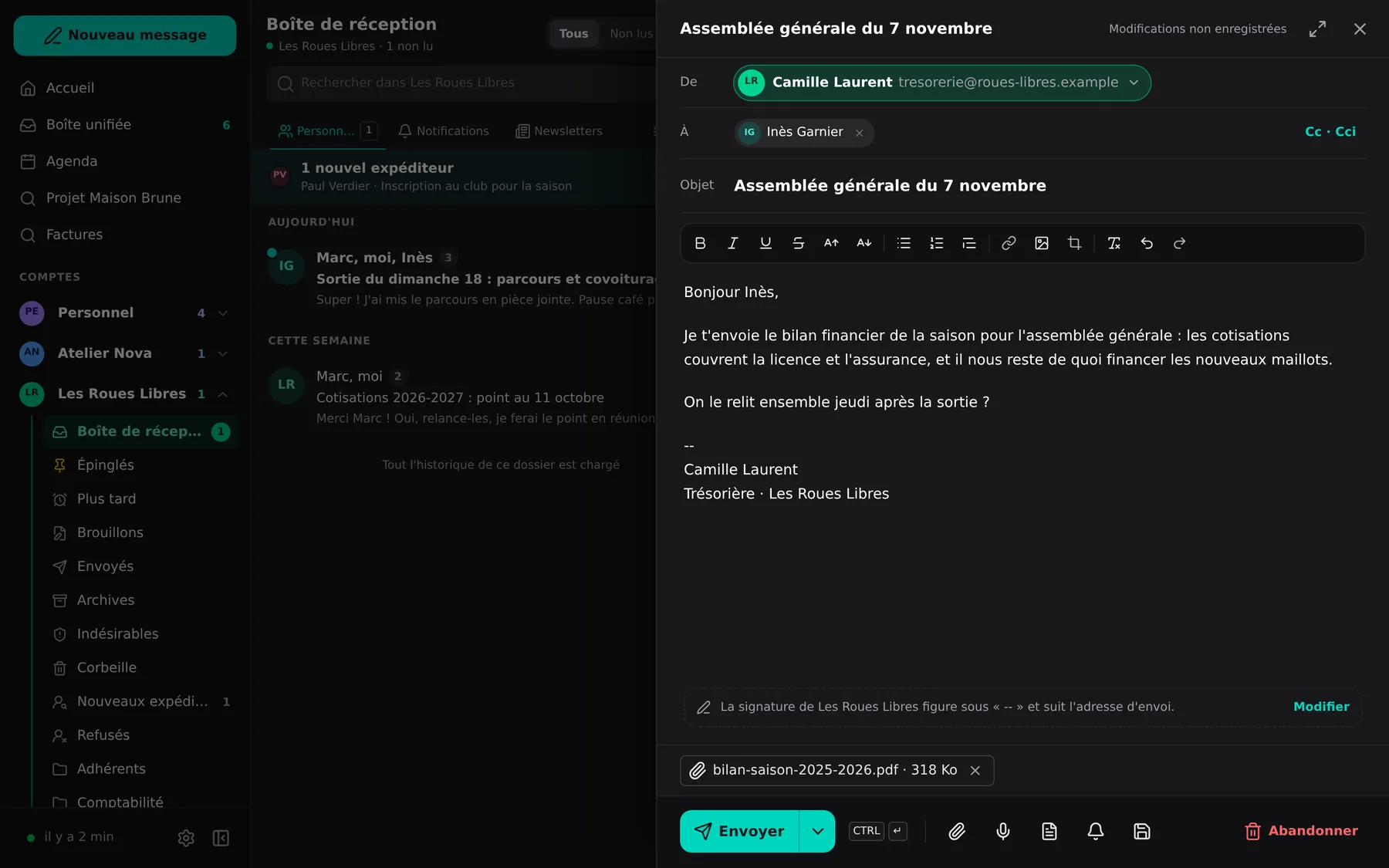 La fenêtre de rédaction : destinataire, objet, texte mis en forme, signature et pièce jointe.