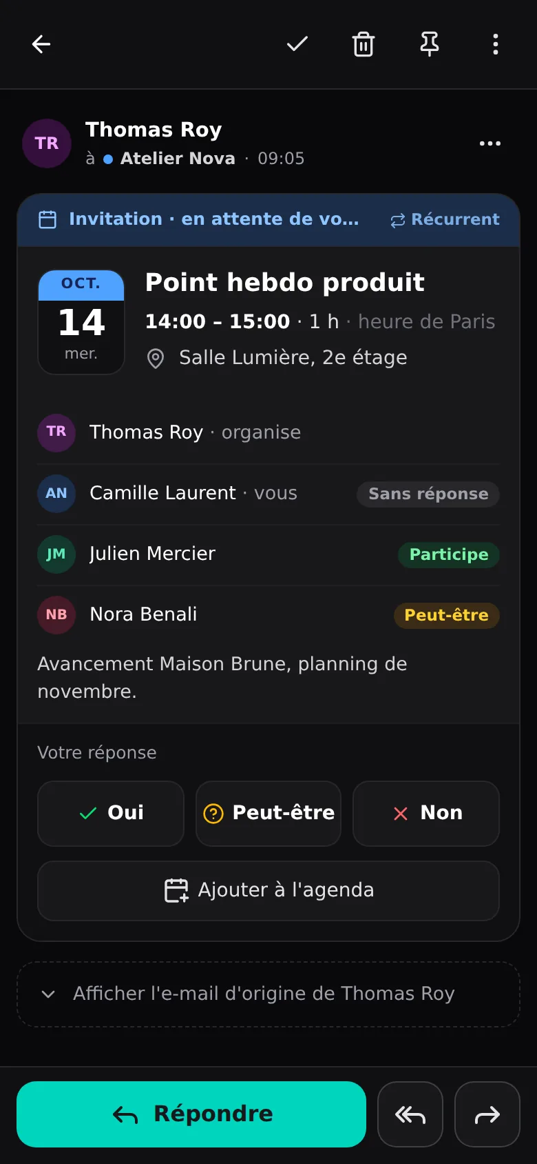 Une invitation à une réunion ouverte sur un téléphone.