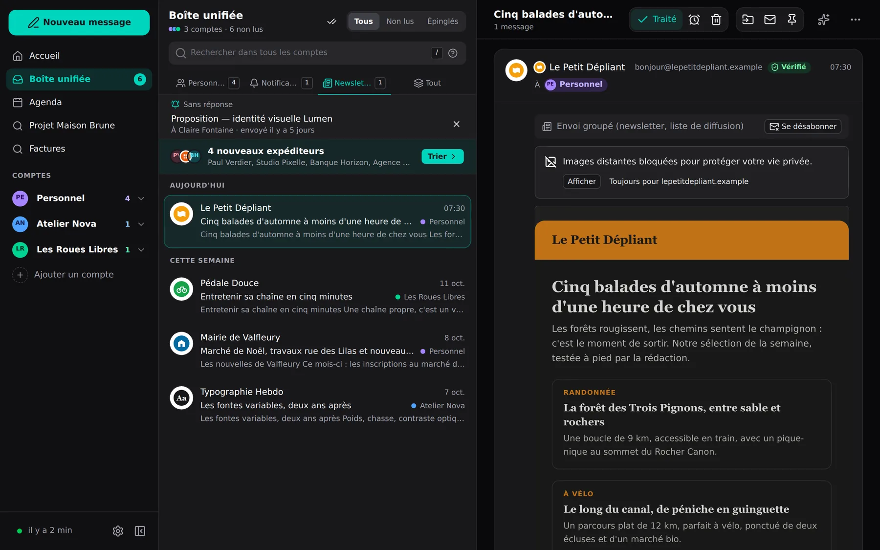 Une lettre d'information ouverte : images distantes bloquées et bouton Se désabonner.
