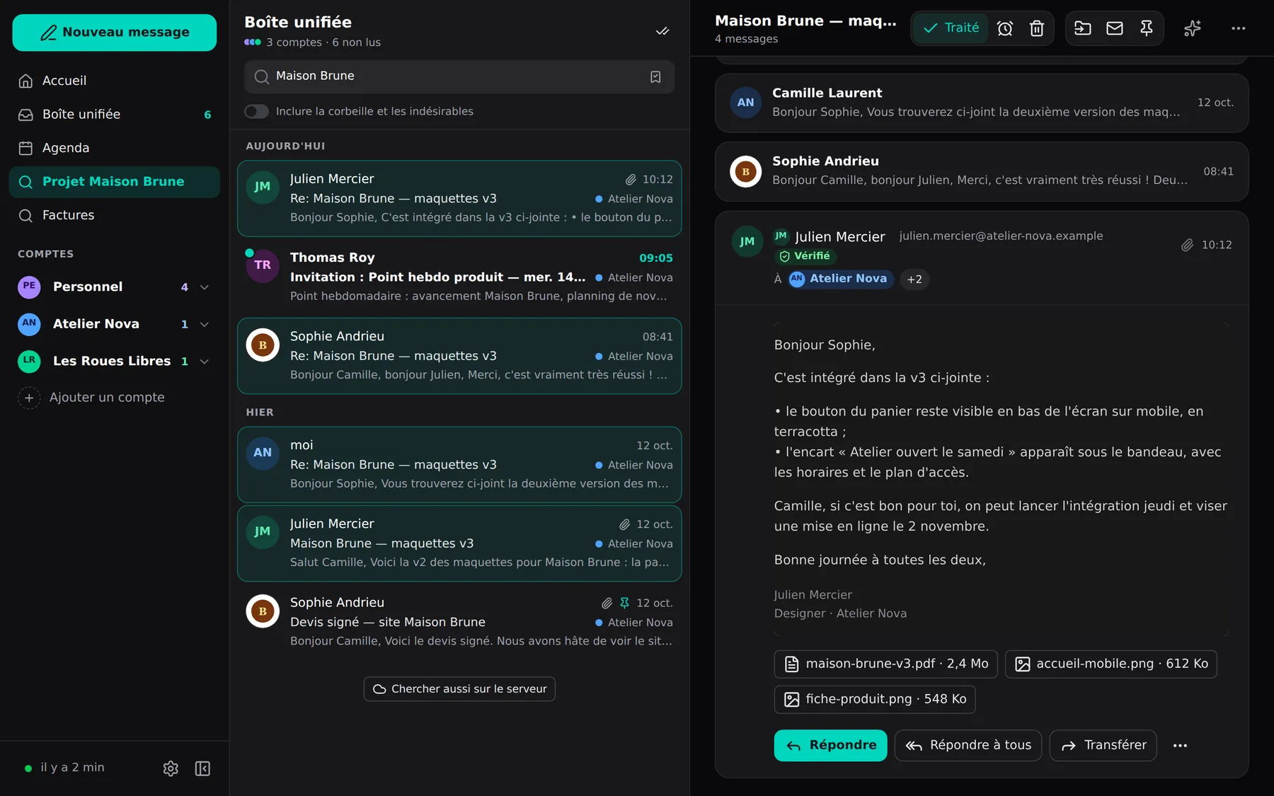 Une recherche « Maison Brune » dans la boîte unifiée, avec ses résultats et la conversation ouverte.